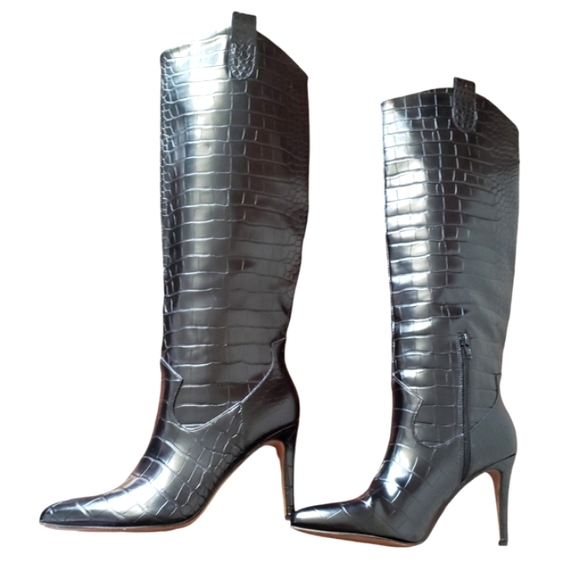 Shu Shop Black Croc Fitted Over-Knee Pointed Heeled Boots Women's Size 9 - Picture 8 of 17